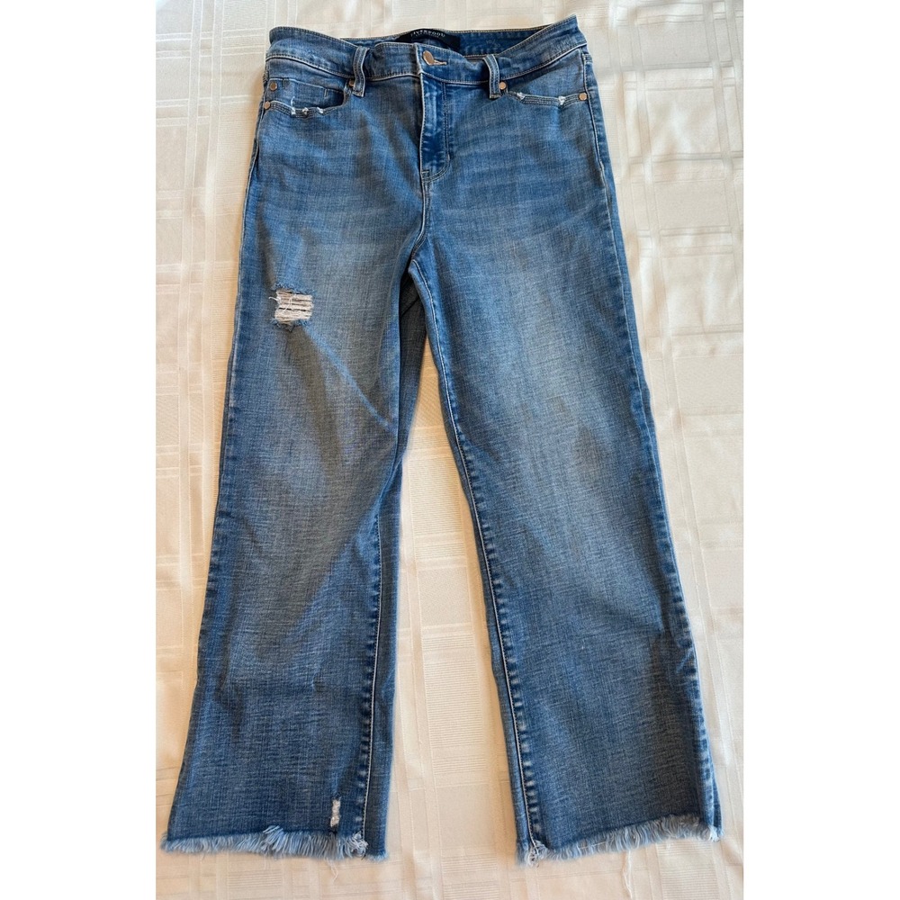 Liverpool Jeans Women 10 Blue The Crop Flare Distressed Raw Hem Denim Pants